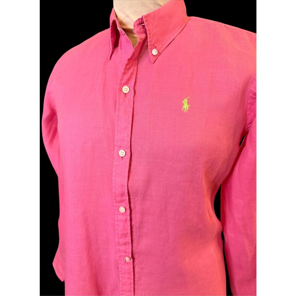 Ralph Lauren Slim Fit Bamboo Pink Button Down Women's 12 Green Pony Rare - Picture 8 of 12